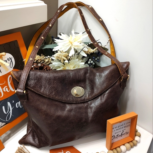 Anya Ponorovskaya Genuine Distressed Leather Shoulder Satchel Hobo Bag, Chocolat - Picture 4 of 9